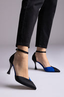 Stiletto Pointed Toe Pumps - Black/Royal Blue Satin