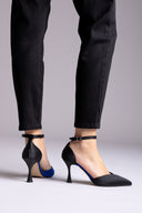 Stiletto Pointed Toe Pumps - Black/Royal Blue Satin