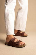 Platform Sandals Bold Buckles - Brown Suede