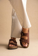 Platform Sandals Bold Buckles - Brown Suede