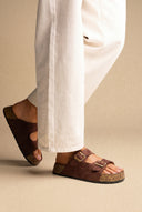 Platform Sandals Bold Buckles - Brown Suede