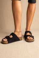 Platform Sandals Bold Buckles - Black Suede