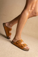 Platform Sandals Bold Buckles - Tan Suede