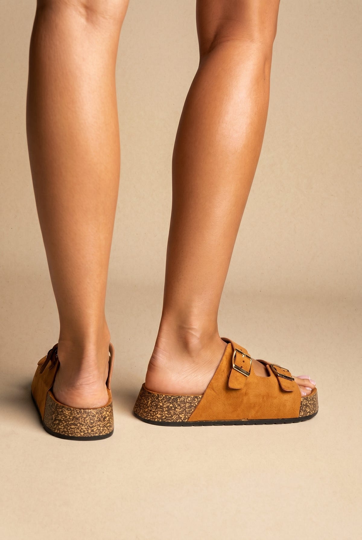 Platform Sandals Bold Buckles - Tan Suede