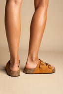 Platform Sandals Bold Buckles - Tan Suede
