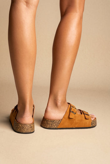 Platform Sandals Bold Buckles - Tan Suede