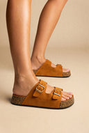 Platform Sandals Bold Buckles - Tan Suede