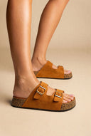 Platform Sandals Bold Buckles - Tan Suede