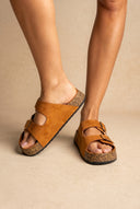 Platform Sandals Bold Buckles - Tan Suede