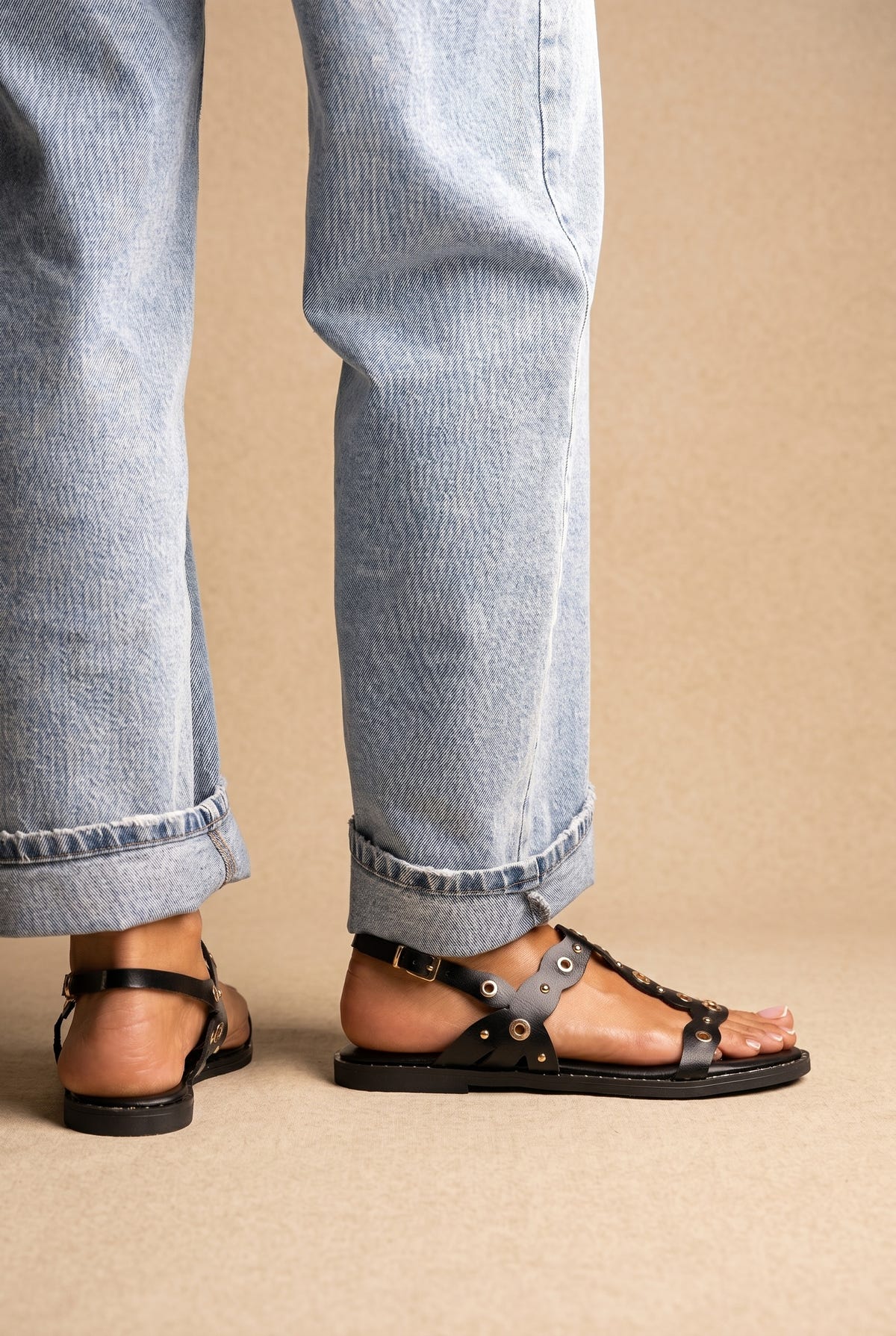 Slingback T Strap Sandals - Black Matte