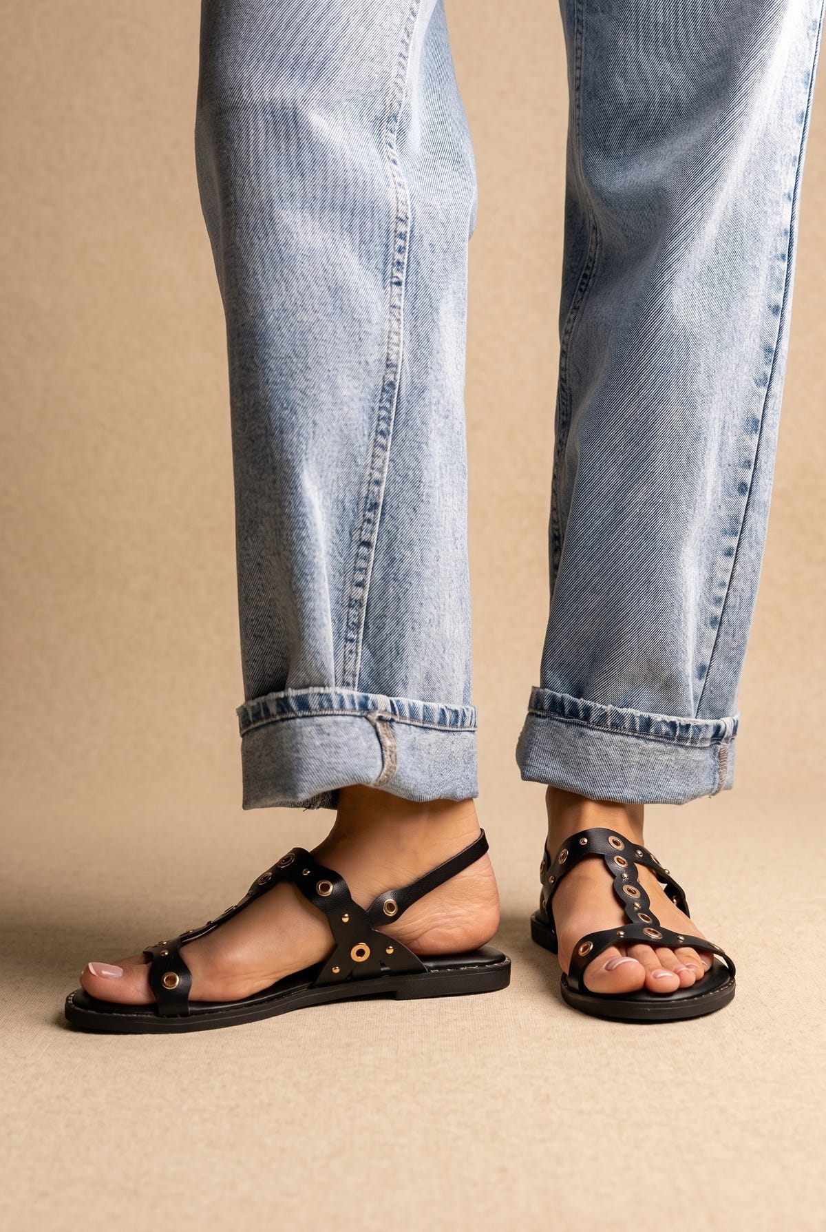 Slingback T Strap Sandals - Black Matte