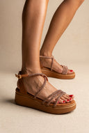 Platform Sandals Rhinestone Straps - Tan Suede