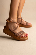 Platform Sandals Rhinestone Straps - Tan Suede