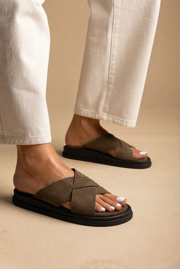 Leather Sandals - Olive Suede