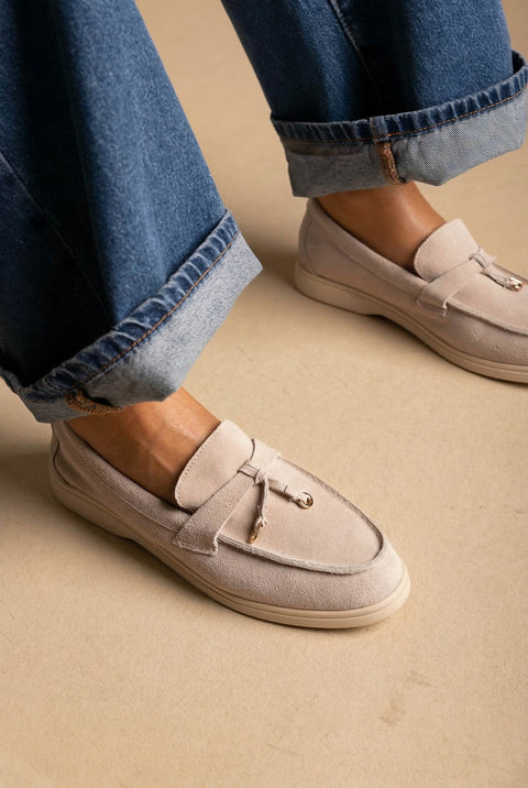 Comfort Loafers with Metal Detail - Beige Suede