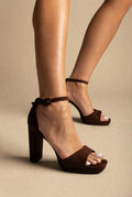 Block Heel Sandals - Brown Suede