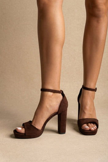 Block Heel Sandals - Brown Suede