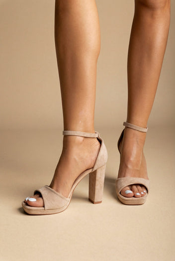 Block Heel Sandals - Beige Suede