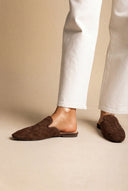 Woven Pointed Flat Mules - Brown Suede