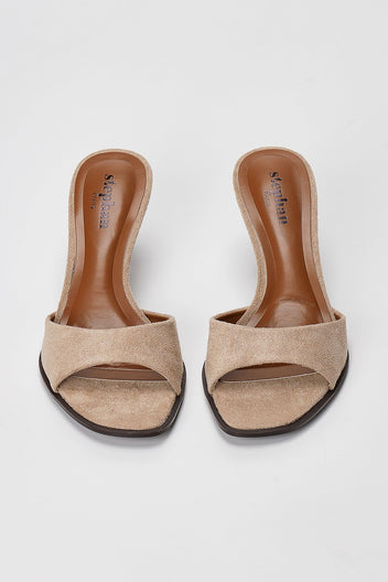Slim Heel Mules Toe Strap - Taupe Suede