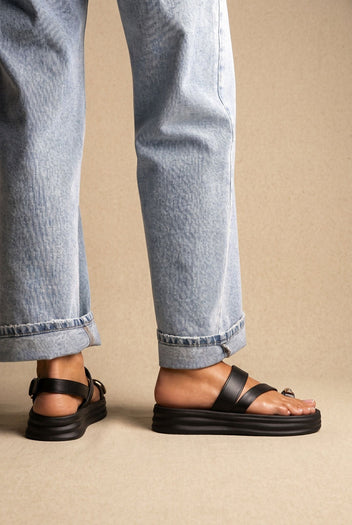 Toe Ring Flatform Sandals - Black Satin-Toe Ring Flatform Sandals - Black Satin
