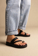Toe Ring Flatform Sandals - Black Satin