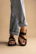 Toe Ring Flatform Sandals - Black Satin