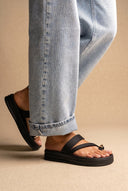Toe Ring Flatform Sandals - Black Satin