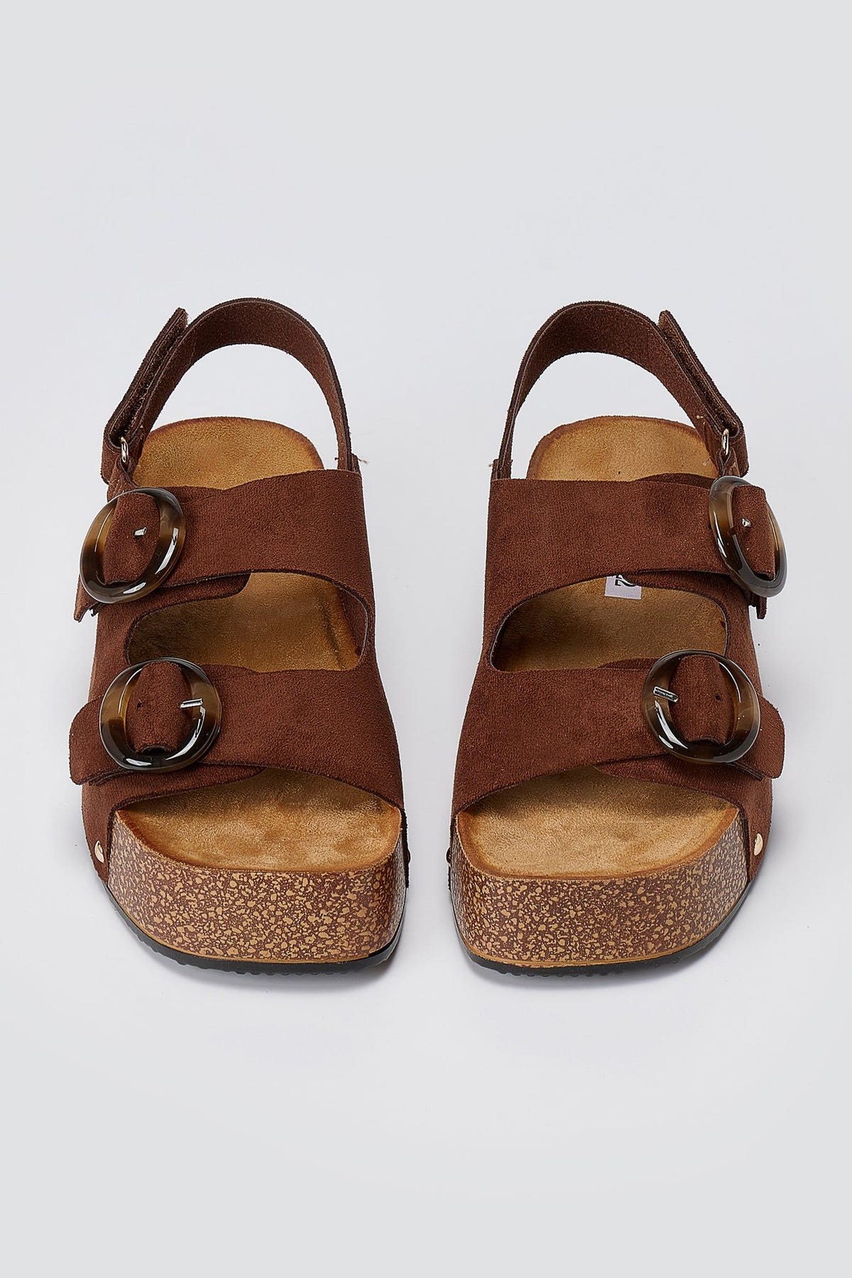 Flatform Sandals Buckle Detail - Brown Suede