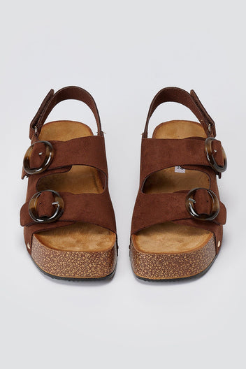 Flatform Sandals Buckle Detail - Brown Suede
