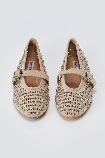 Mary Jane Ballet Flats Rhinestone - Beige Suede-Mary Jane Ballet Flats Rhinestone - Beige Suede