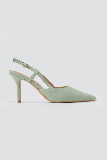 Mint green suede slingback pumps, side view, with pointed toe, thin stiletto heel and adjustable gold buckle ankle strap