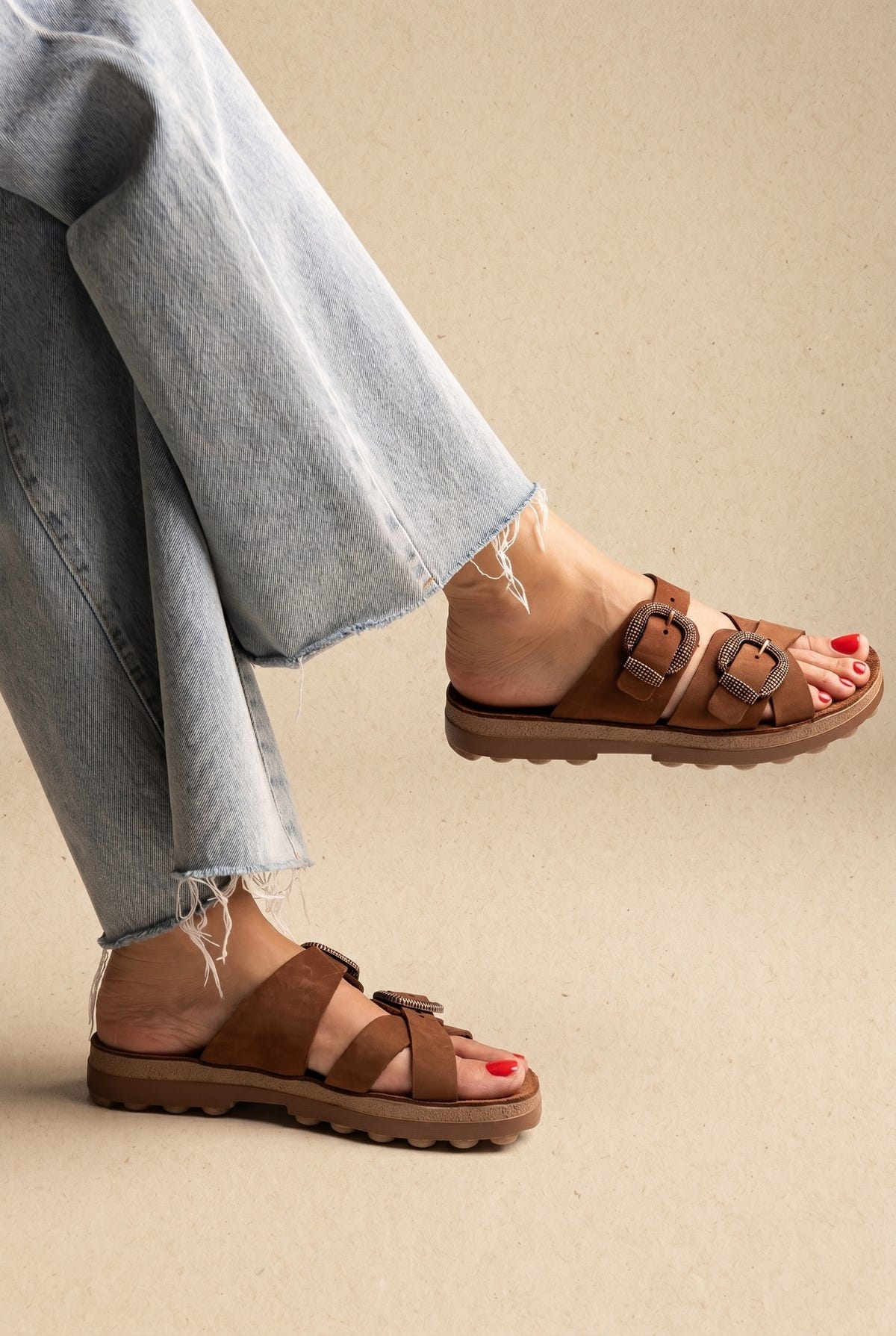 Buckle Comfort Sandals - Brown Suede