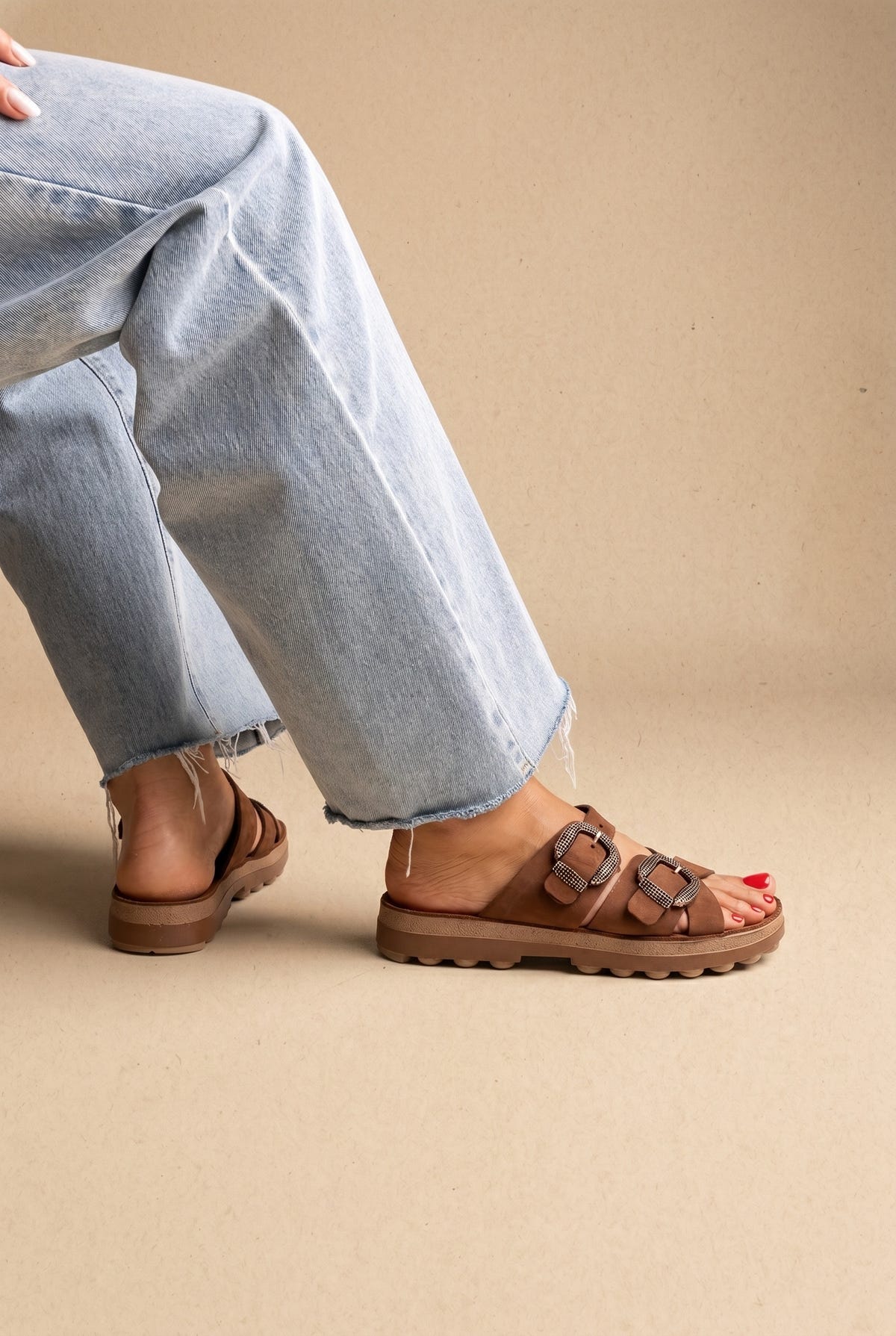 Buckle Comfort Sandals - Brown Suede