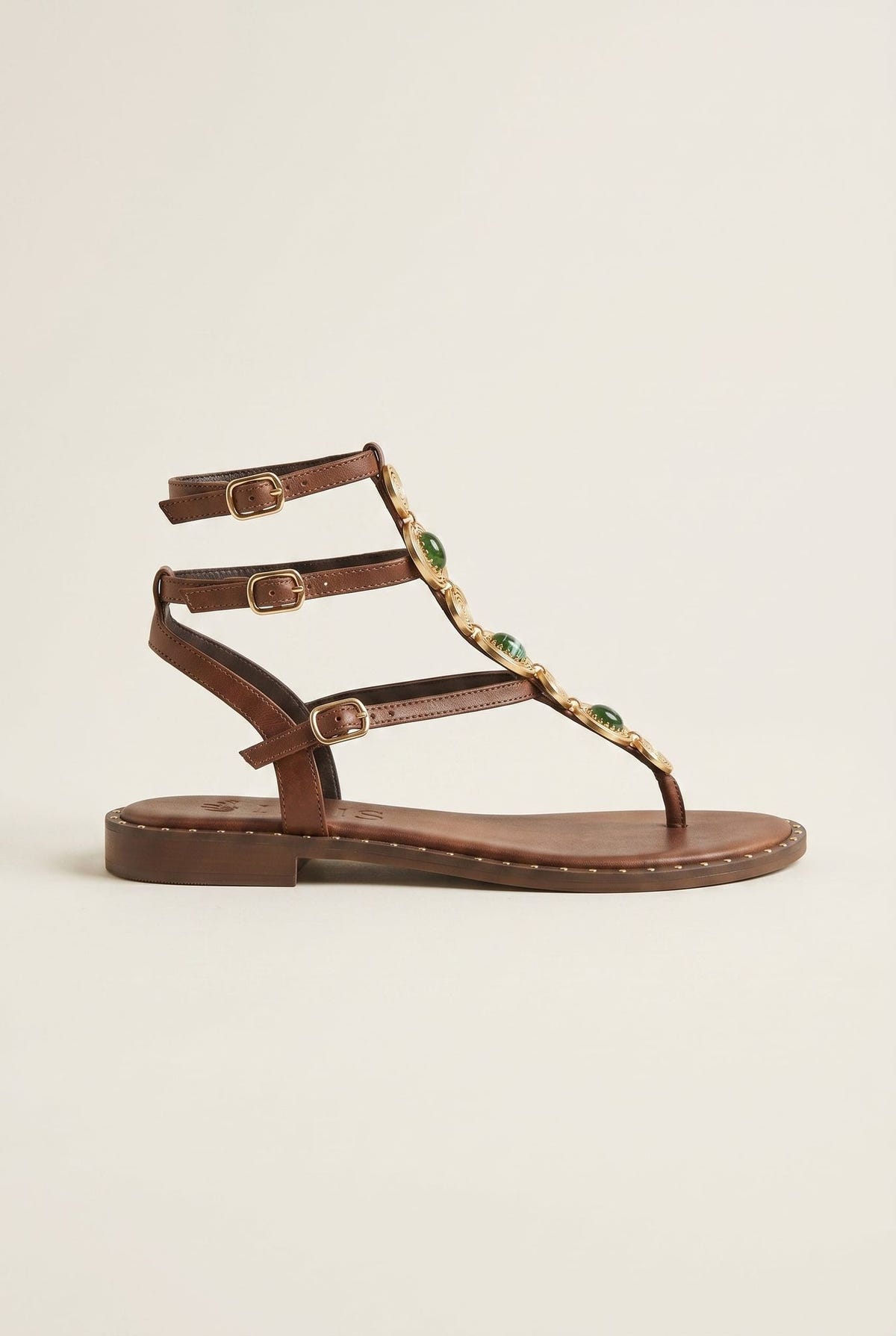 Leather Ankle Strap Sandals Metal Detail - Brown Matte