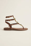 Leather Ankle Strap Sandals Metal Detail - Brown Matte