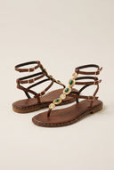 Leather Ankle Strap Sandals Metal Detail - Brown Matte