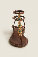 Leather Ankle Strap Sandals Metal Detail - Brown Matte