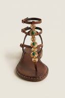 Leather Ankle Strap Sandals Metal Detail - Brown Matte