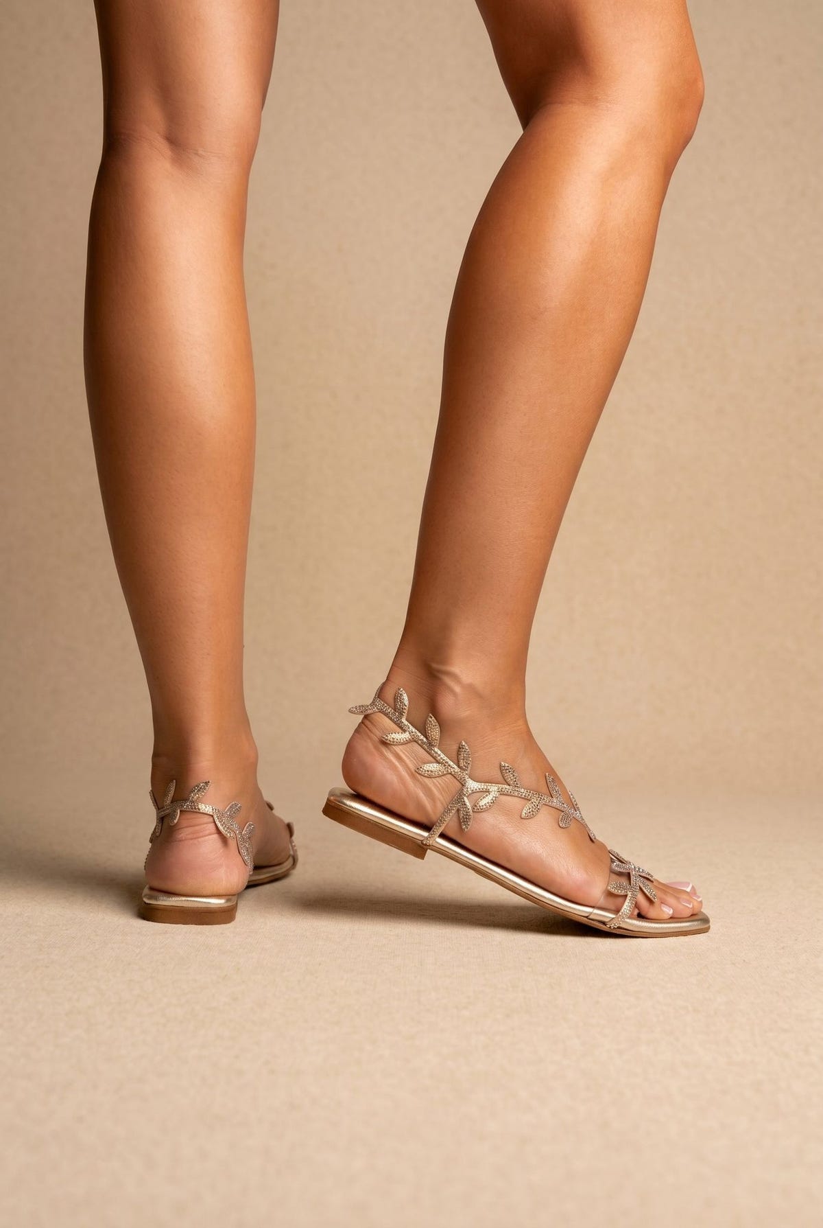 Flat Sandals Rhinestone Straps - Gold Strass