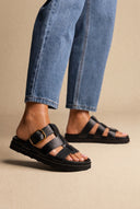 Triple Strap Sandals Buckle Detail - Black Matte