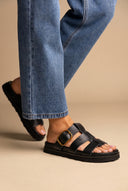 Triple Strap Sandals Buckle Detail - Black Matte