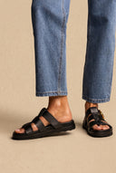 Triple Strap Sandals Buckle Detail - Black Matte
