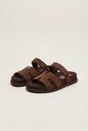 Flatform Sandals Velcro Strap - Brown Suede