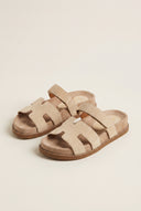 Flatform Sandals Velcro Strap - Beige Suede