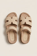 Flatform Sandals Velcro Strap - Beige Suede