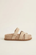 Flatform Sandals Velcro Strap - Beige Suede
