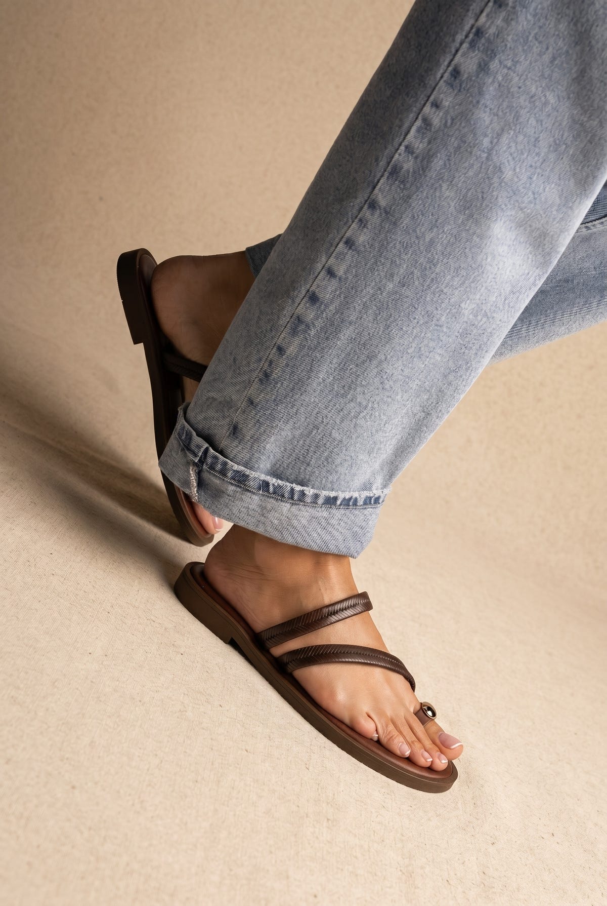 Toe Ring Sandals Braided Straps - Brown Matte