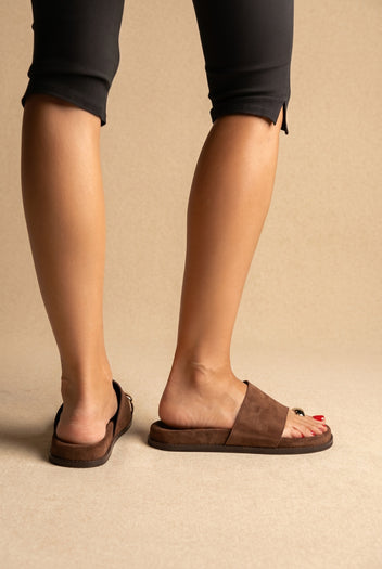 Toe Ring Flatform Sandals - Brown Suede