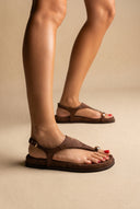 Toe Ring Sandals Buckle Strap - Brown Suede